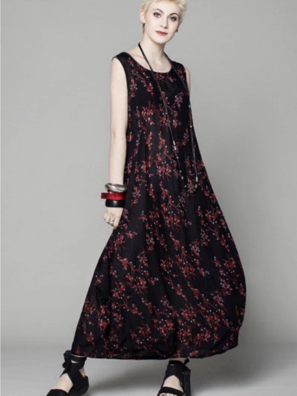 🇨🇦 KALIYANA art dress Kauai Maxi Sakura Delphi Black & Floral Sz 2 Lagenlook